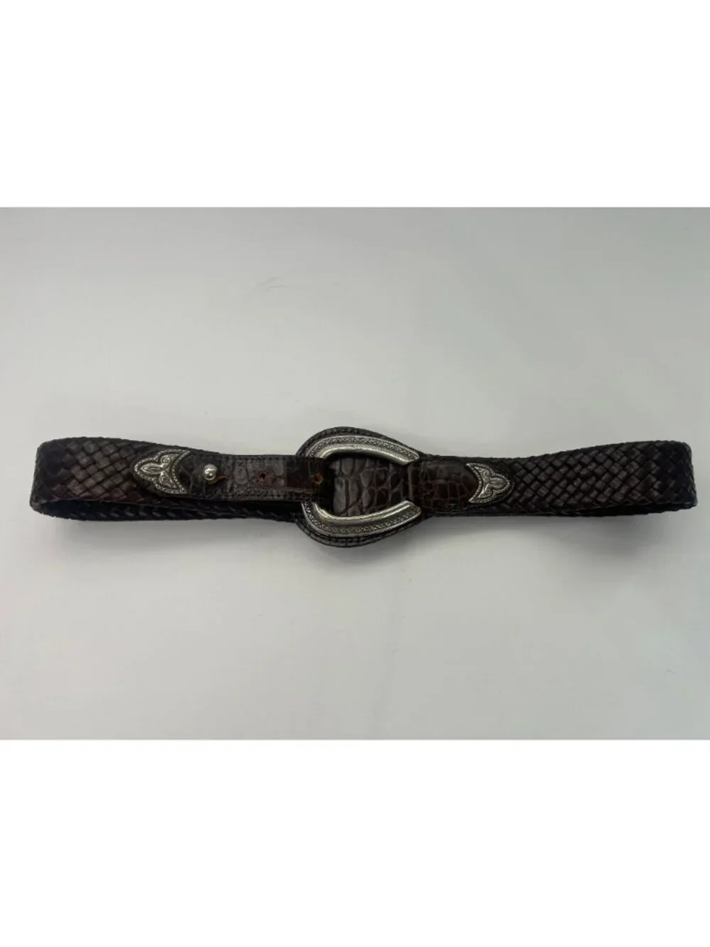 VTG Brighton Brown Woven Leather Belt Silver Buckle Gator Embossed Western Sz S